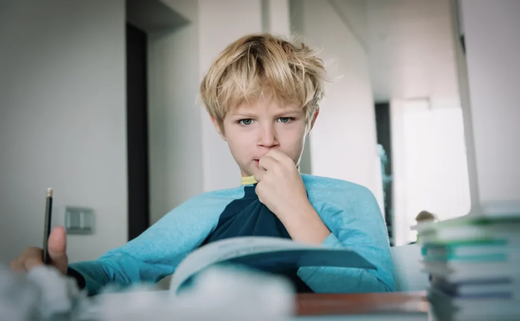 Young blonde boy studying with books at desk