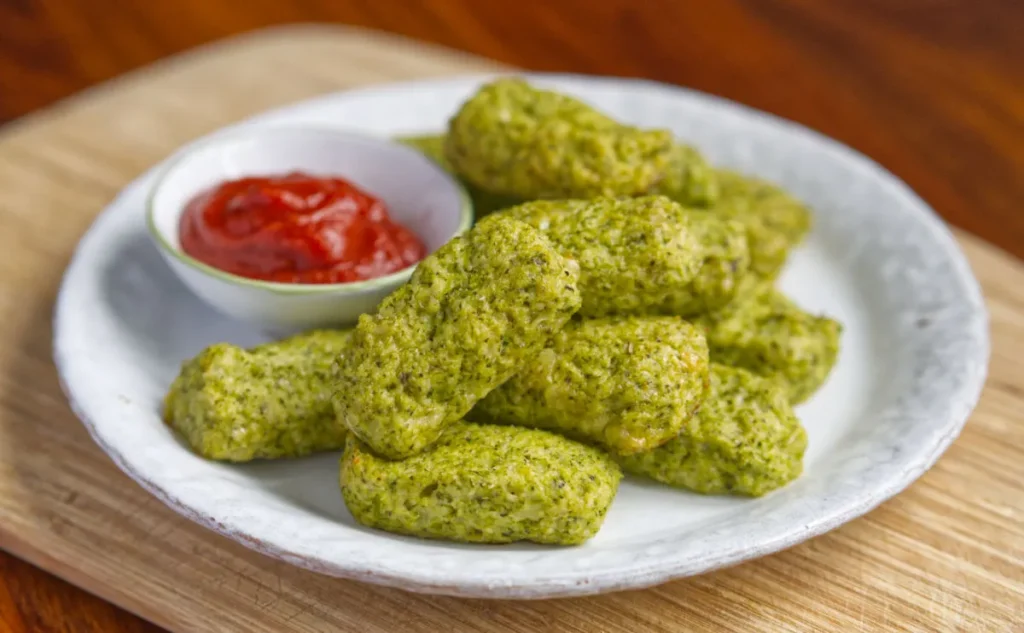 white plate full of broccoli croquettes with a small bowl of ketchup on the side