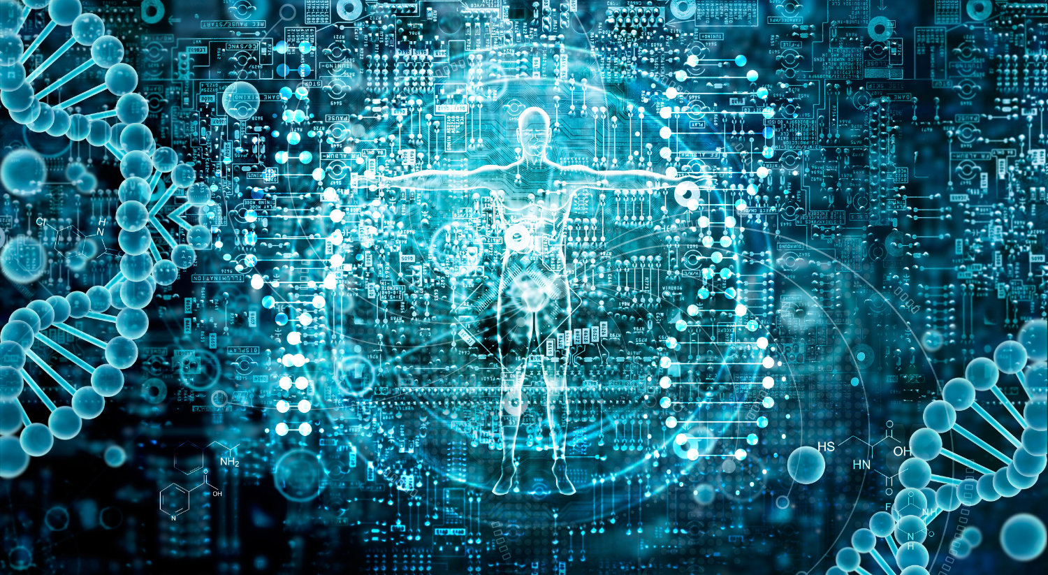 An image of a man with a dna in the background.