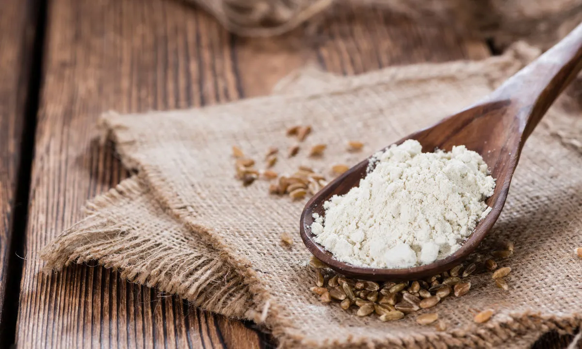 Spelt grains are scattered across a hessian cloth where there is a heaped wooden spoon full of spelt flour.
