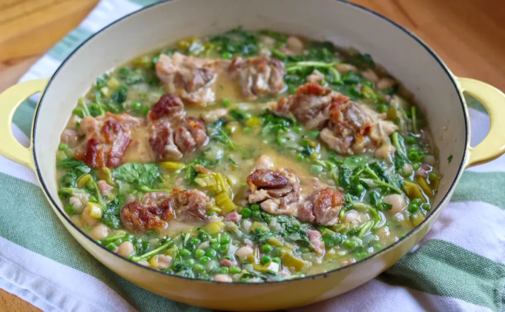 Hearty meal in yellow casserole dish with chicken, watercress and bacon.