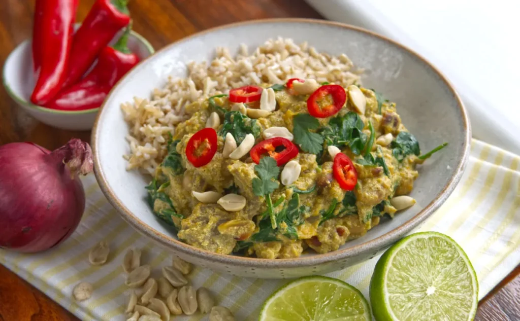 A beef Thai curry in a white bowl, with slices of red chilli scattered on top. Next to the bowl are limes, peanuts, a small bowl of red chillies and a red onion on a yellow and white stiped tea towel.