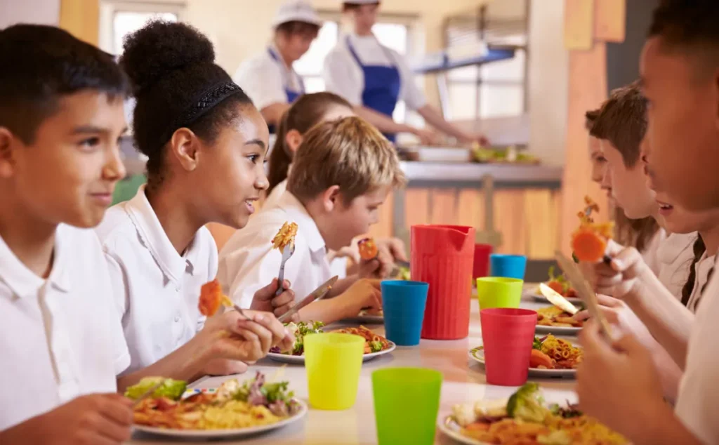 Children eating lunch in a school hall, with brightly coloured tableware and nutritious looking food on their plate. You can see the canteen staff in the background making their food.