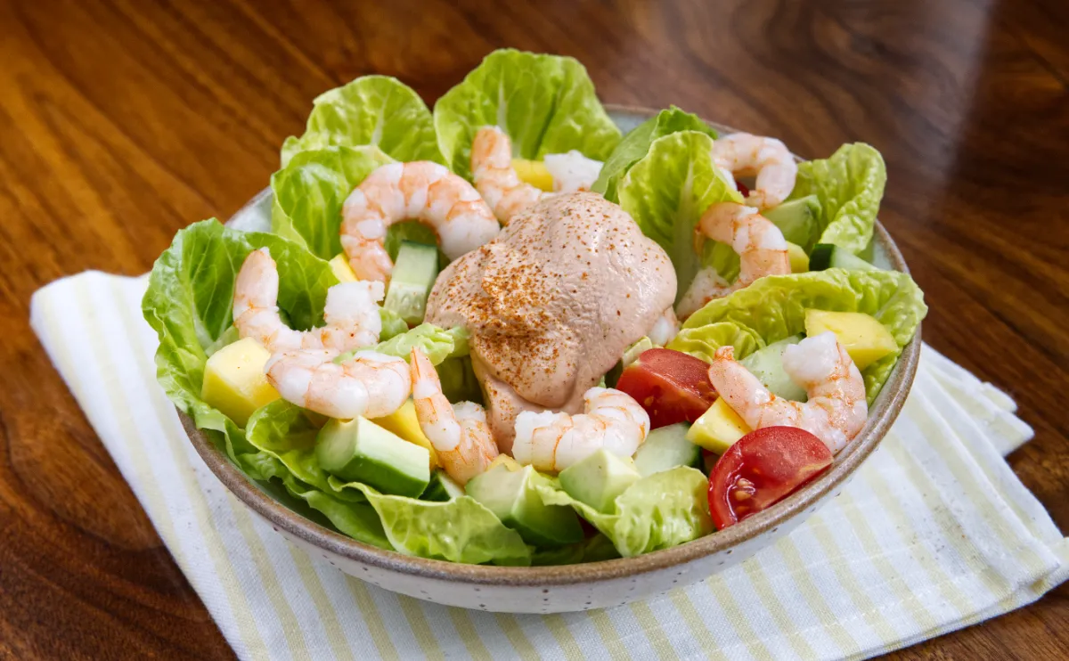Prawn cocktail salad with avocado, tomatoes, and Marie Rose sauce