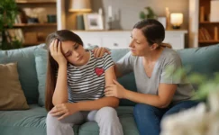 A photograph of an unhappy looking teenager with long brown hair, she is sitting on a sofa being comforted by her mother.